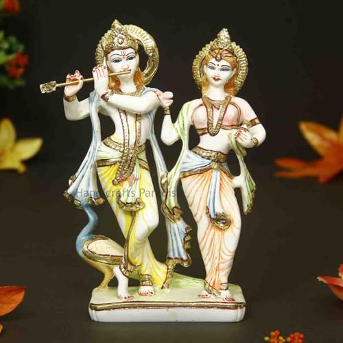 Image of Handicrafts Paradise Culture Marble Radha Krishna with Peacock Hand Painted Statue - 6.75inch