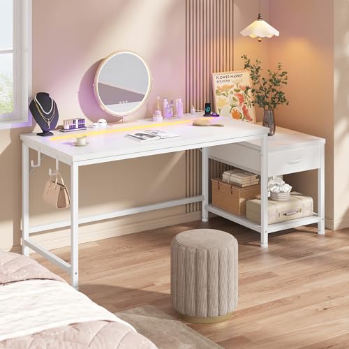 Image of DurayLoly 56 Inch White Computer Desk with Printer Shelf, Power Outlet & LED Lights, Reversible Office Desk with Drawers & Hooks for Headphone, Bags for Bedroom,Dorm,Teens Study Room,White