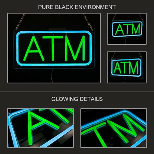 Image of ATM Neon Sign, Small Size, 12 inchx6 inch, USB Powered, 9 Levels of Brightness, Suitable for Bank Supermarket Convenience, Easy to Install on Store Wall Window as Room Decoration (Green, Transparent Acrylic)