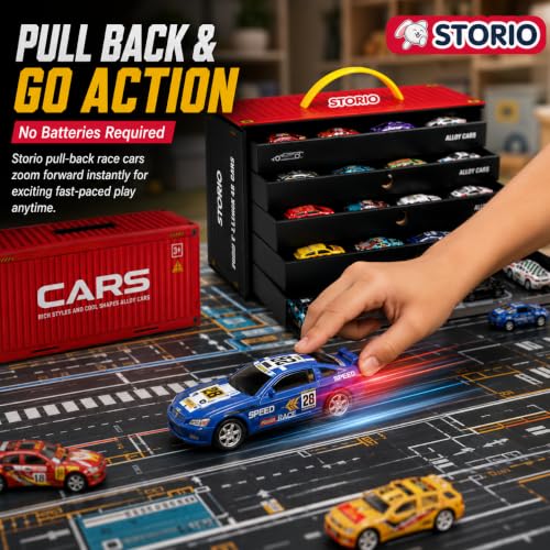 Image of Storio 48 Pull Back Toy Cars Set for Kids with Storage Container & Play Mat, Metal Mini Race Cars, Car Carrier Organizer Box, Party Favors for Boys Girls Age 3-8 Years