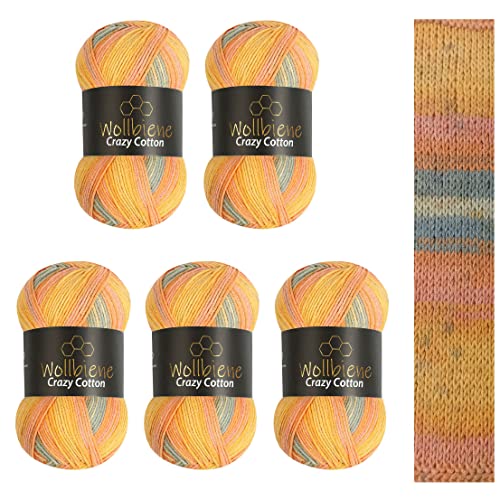Wollbiene Crazy Cotton Batik 5030 5 x 100 g de lana para tejer 500 gramos con degradado 55% algodón, multicolor, para todo el año (5030, gris, naranja y amarillo)