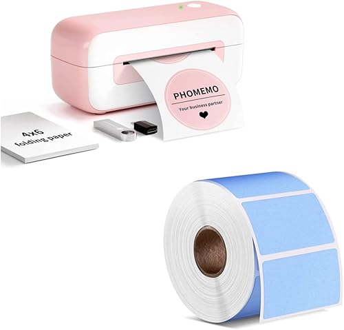 Phomemo Impresora de etiquetas rosa con etiquetas azules