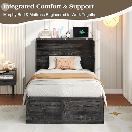 Image of LUXOAK Twin Murphy Bed with 6 inch White Tri-Fold Memory Foam Mattress, Storage Drawer & Charging Station, Space-Saving Design for Home Office or Guest Room, Black Oak