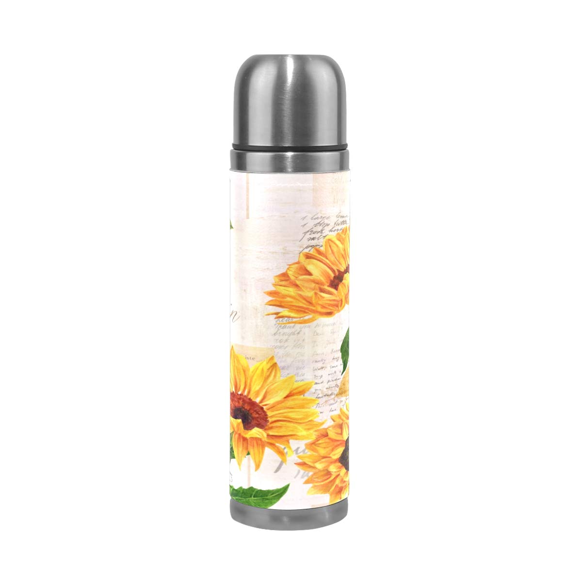 Taza de viaje de acero inoxidable con aislamiento al vacío, doble pared, a prueba de fugas, diseño de girasoles, estilo vintage, con impresión personalizada en piel auténtica, termo de 500 ml