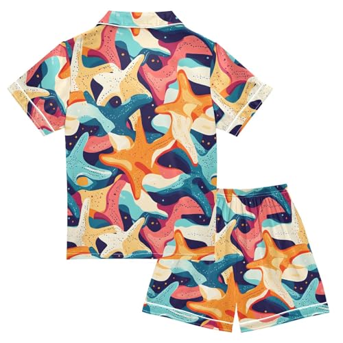 ALAZA Colorful Cartoon Starfish Satin Pajamas Set Short Sleeve Button Down Sleepwear Summer Pjs 2 Piece2