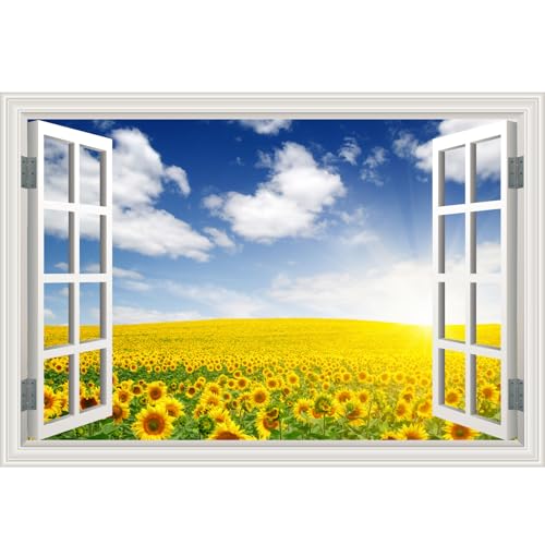 Fake Window Wall Decal- Summer Blooming Sunflowers Open Wall Art Sticker
