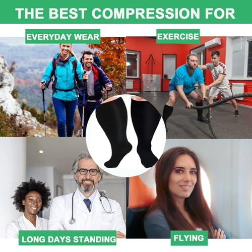 Image of 4 Pairs Plus Size Compression Socks for Women and Men 20-30 mmHg, Wide Calf Stockings Best Support for Circulation, Running