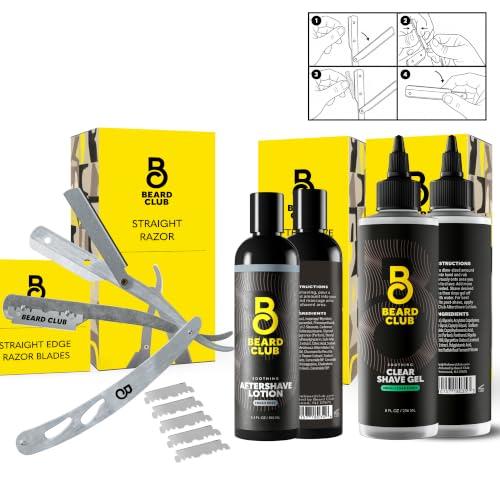 Beard Club Straight Razor for Men Shaving Gel & Aftershave for Men Hydrating Mens Shave Cream Soothing After Shave Lotion & Navajas Para Barbero - Barber Straight Edge Razor Kit - Gift Kit