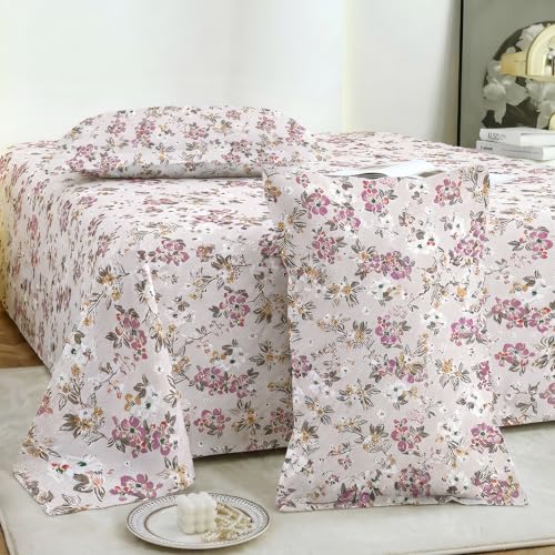 Image of Story@Home 190 TC Cotton Double Bedsheet Set with 2 Pillow Covers | Soft Breathable Fabric | 250 x 225 cm Double Bed Sheet | Light Pink & Brown Floral Printed Bedding for Bedroom