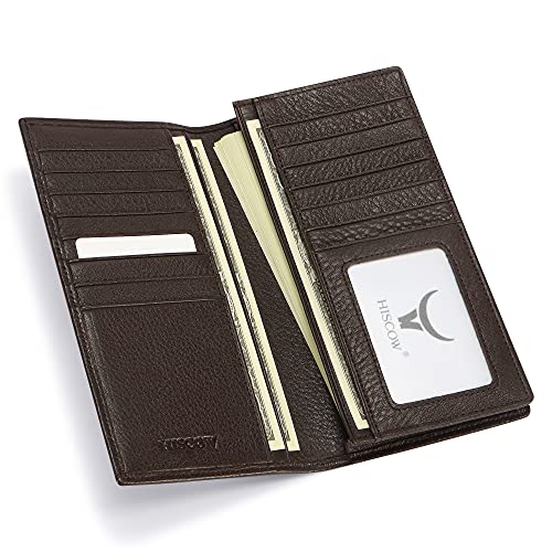 Image of HISCOW Full Grain Leather Men's Long Wallet, 15 Card Slots, Pebbled Coffee, 6.97 inchH x 3.5 inchW x 0.98 inchD, Classic | Gusseted bill compartment, tall bifold design, clear ID window, ideal for coat pockets or briefcases, turned-edge, gift box