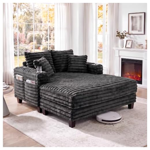 Amsleekey 64" Oversized Chaise Lounge Chair with Wood Frame, 2 Cup Holders