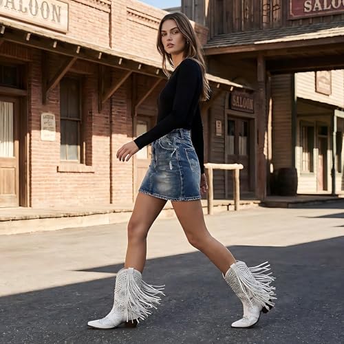 Image of Tsrenlmln Sparkly Rhinestone Cowboy Boots for Women - Pointed Toe Western Ankle Boots with Tassel, 3.74 inch Chunky Heel, Rivet Decorated Slip-On Booties, Party & Casual Wear