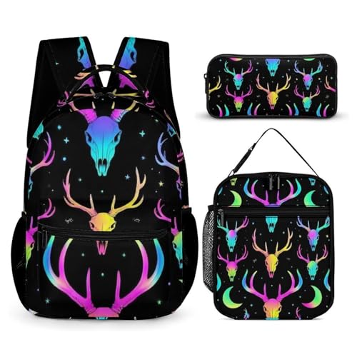 Backpack Bookbag Set Backpack with Lunch Box and Makeup Bag Travel Bookbag Daypack Set (Goth Moon Stars Hunting Deer Skulls (1))