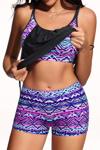 Image of Holipick Blouson Tankini Swimsuits for Women - Two Piece Tummy Control Bathing Suit with Shorts Modest Swimwear