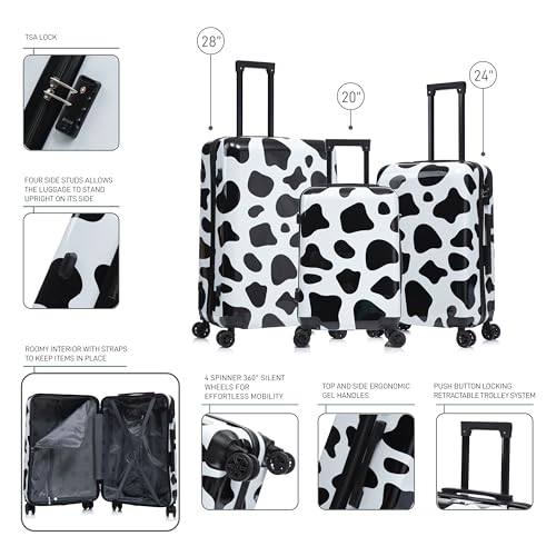 Image of InUSA Cow Print Luggage with Spinner Wheels | Durable Lightweight Hardside Suitcase | Travel Bag with Handle and Trolley | (20in, 24in, 28in) 3 Piece Set
