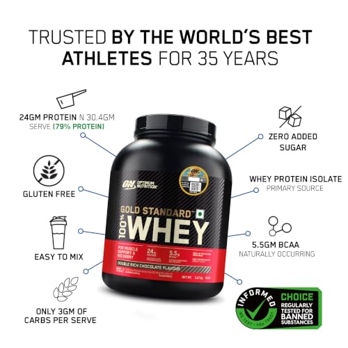 Image of Optimum Nutrition (ON) Gold Standard 100% Whey Protein Powder 5 lbs, 2.27 kg (Double Rich Chocolate), for Muscle Support & Recovery, Vegetarian - Primary Source Whey Isolate (Pack of 2)