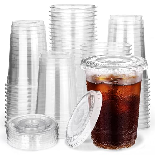 Image of 10 Oz 50 Set Clear Plastic Cups with Flat Lids, Iced Coffee Cups