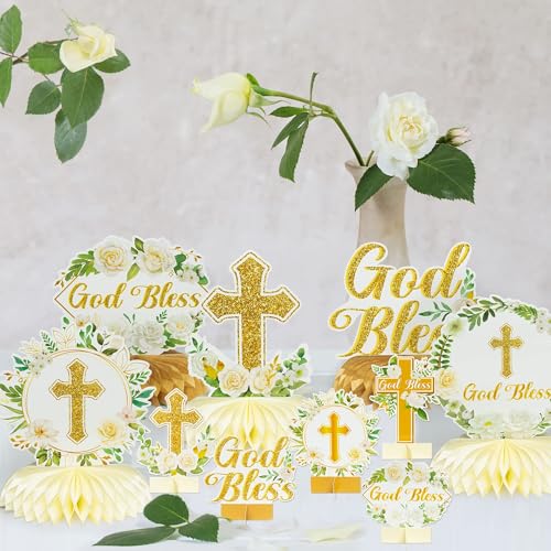 Image of ANGOLIO White Gold Floral Honeycomb Centerpieces - 12Pcs Cross Rose Greenery God Bless Baptism Party Decoration Baby Shower First Communion Birthday Party Supplies for Boy Girl 3D Wedding Table Topper