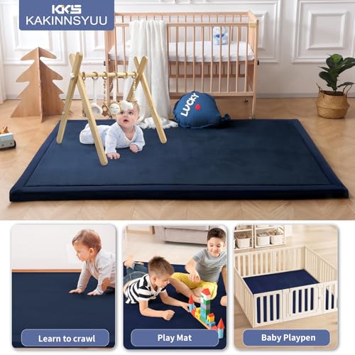 Image of 2-Inch Extra Thick Baby Floor Mat, 79 inchx59 inch Large Nursery Rug with Powder-Free Memory Foam, Water-Resistant Flannel Cover & Non-Slip Base for Tummy Time and Crawling, Navy Blue