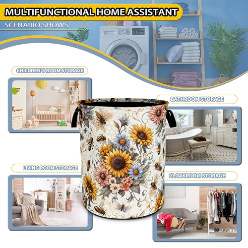 Image of Bee Sunflower Laundry Basket Flower Foldable Waterproof Oxford Cloth
