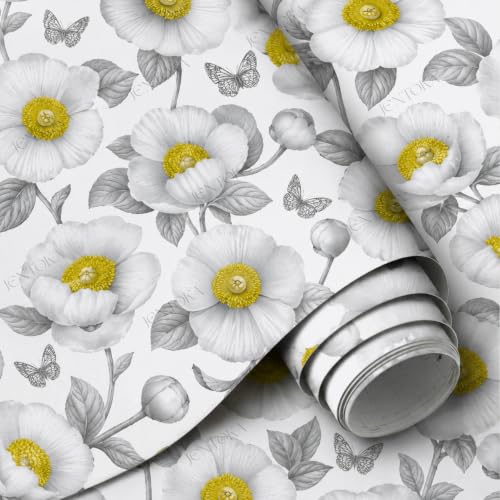 Image of White & Grey Floral Peel and Stick Wallpaper - Minimalist Botanical Self Adhesive Wallpaper with Yellow Flower Accents for Bedroom, Living Room, Kitchen, Office, Cabinets