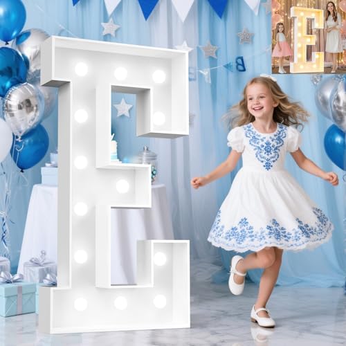 Image of Pooqla 4 FT Marquee Light Up Letters, Cool White and Warm White Marquee Letter 4 Feet Tall, Giant LED Sign Big Mosaic Letter E for Balloons Birthday Party Anniversary Wedding Decorations