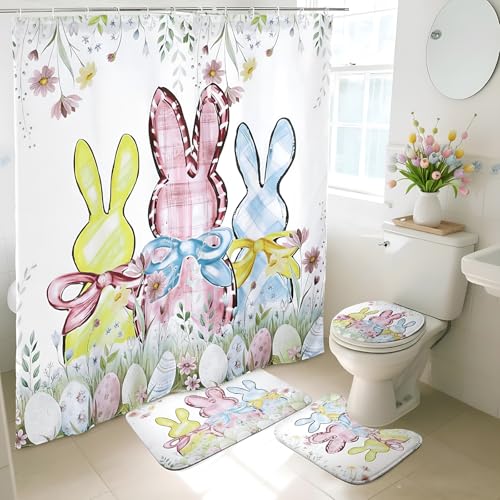 Hahafelt 4 Pcs Spring Easter Bunny Shower Curtain Sets 71 x 71 Inch Shower Curtain with 12 Hooks Toilet Lid Cover U Shape Bath Mat Rectangular Bath Mat Easter Bathroom Decor Accessories