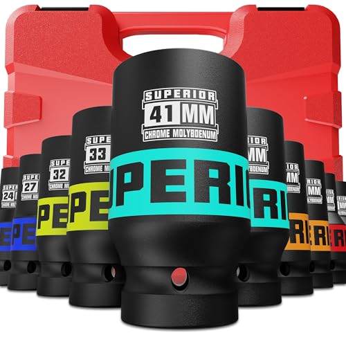 Image of 10 Piece 1 inch Drive Impact Socket Set, 21 mm-41 mm Jumbo Socket, Metric, 6-Point, Heavy Duty CR-MO, Large Automotive Repairs, Truck, Excavators
