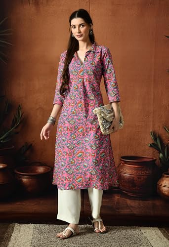 Image of Amazon Brand - Tavasya Women Ethnic Motifs Printed 3 /4th Sleeve Kurta | Straight Fit Shirt Collar Salwar | Everyday Ethnic Wear