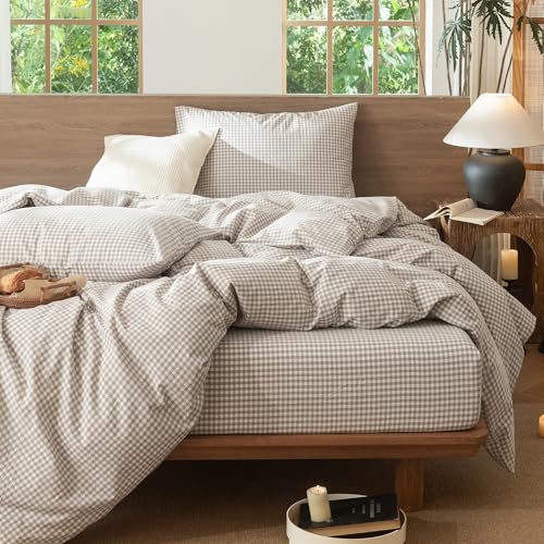 Image of MooMee Gingham Duvet Cover Set 100% Washed Cotton Linen Like Oversized King | Relaxed Linen-like Texture. Soft, Breathable & Long-lasting Comfort. Lightweight. Hidden Zipper with 8 Interior Corner Ties