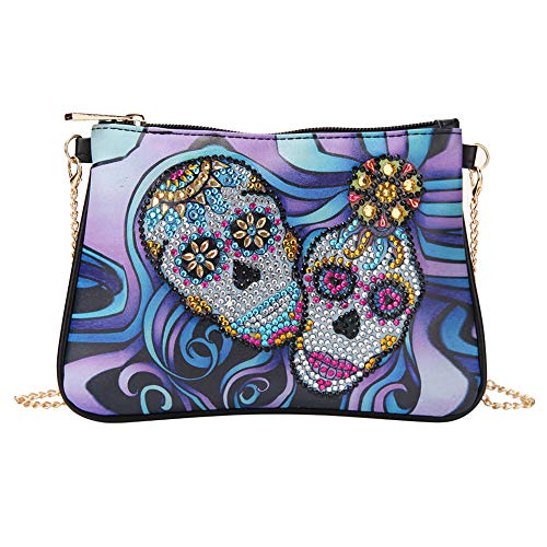 VETPW 5D Schädel Blumen Diamond Pasted Cross-Body Tasche, Diamant Malerei Leder Münze Geldbörse Reißverschluss Handtasche, DIY Diamant Gemälde Unterarmtasche Makeup Schultertasche für Party Travel Cover