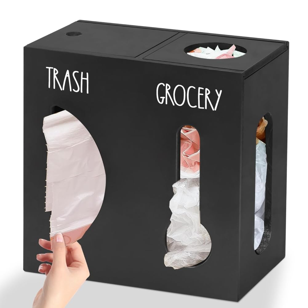 CTRLZS Wall Mount Grocery Bag Holder 2 in 1 Trash Bag Dispenser, Wood Garbage Bag Holder for Plastic Bags B