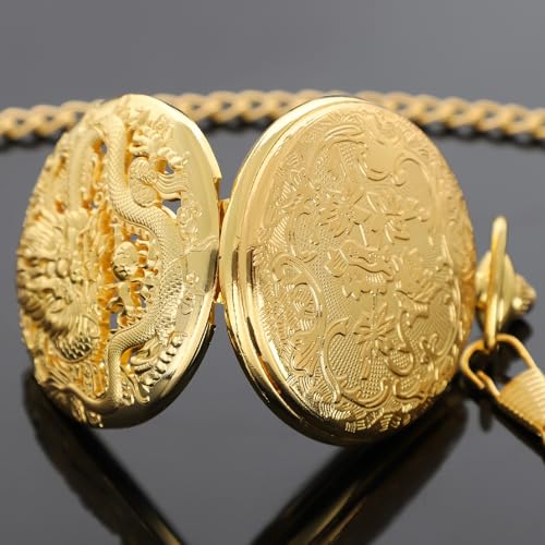 Image of Dragon Design Quartz Pocket Watch Roman Numerals with Chain Birthdays Gifts for Father's Days