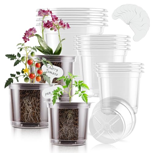 SupKing Clear Nursery Pots 5/4/3.5 Inch Plastic Seed Starter Plant Flower Pot with Drainage Holes for Transplanting Succulents Cuttings Seedlings 15 Labels (12Pcs)