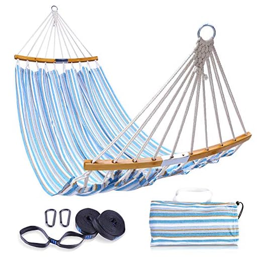 Ohuhu Double Hammock Swing with Tree Straps, Folding Curved-Bar Bamboo Hammock with Carrying Bag, Portable 2 Person Hammocks for Patio, Backyard, Camping, Indoor Outdoor Use, Christmas Ideal Gift