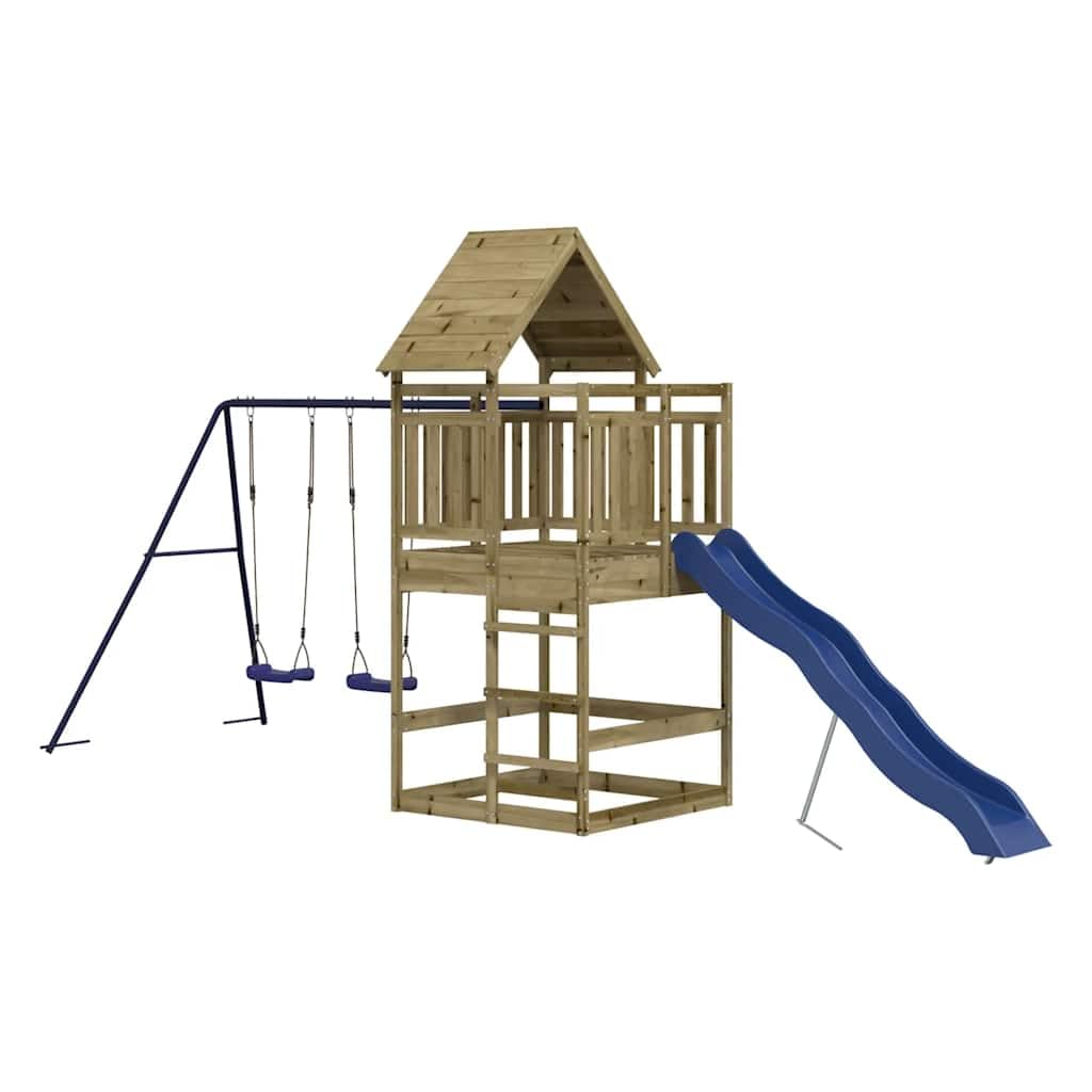 Spielturm aus imprägniertem Kiefernholz mit Wellenrutsche, Doppelschaukel, Sandkasten und Klettergerüst für Garten, Outdoor Kinderspielplatz mit sicherem Holzgeländer und stabilem Rahmen