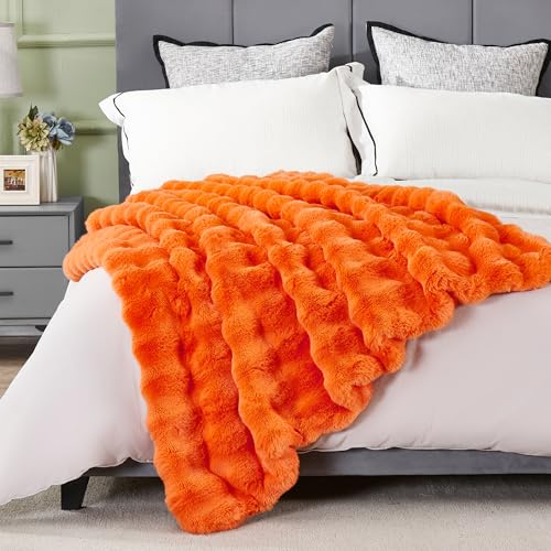 JONIYEAR Large Solid Fall Bubble Faux Rabbit Fur Bed Blanket Full Size 70" x 80", Decorative Puffy Big Warm Fuzzy Blanket for Winter,Extra Thick Shaggy Cozy Comfy Fluffy Blankets for Adult Kid, Orange