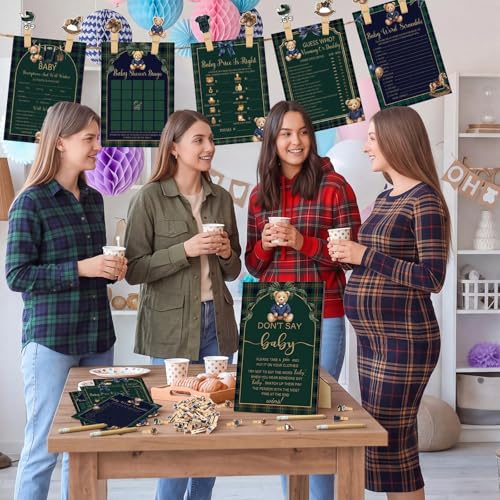 Image of Patelai 321 Pcs Luxury Equestrian Bear Baby Shower Decorations 5 Set Blue Green Tartan Plaid Party Supplies Bingo Game Don't Say Sign Clothespin for Berry Sweet Gender Reveal Vintage Party Supplies