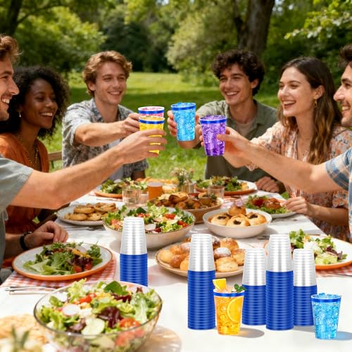 Image of 120 Pcs Blue Plastic Cups,12oz Blue Rimmed Plastic Cups,Heavy Duty Disposable Plastiic Wine Glasses Cocktail Glasses Premium Cup with Blue Rim for Party,Wedding,Christmas