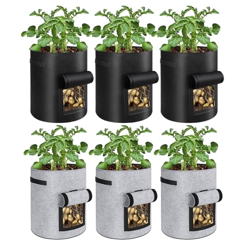 6 Pack Potato Grow Bags, 10 Gallon Planting Bags Large Fabric Pots with Flap Window Vegetable Planter Garden Pot Tall Potato Growing Containers with Handles for Vegetables, Fruits, Black + Grey