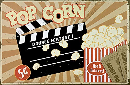 UNiQ Designs POPCORN Cinema Decor Media Room Decor Tin Signs Theater Sign - Movie Room Decor Accessories - Film Decor - Home Movie Theater Decor - Movie Reel Wall Decor - Vintage Movie Decor 12x16