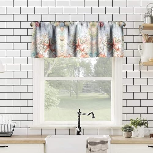Image of Vintage Seashell Starfish Window Valance Curtain, Retro Nautical Undersea Beach Coastal Sea Coral Window Treatment Valances for Kitchen Living Room Cafe Decor 54'x18', 1 Panel