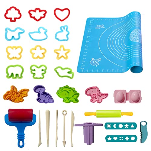 Funbero Clay Accessory Set, 29 Pieces, Includes Tools, Moulds, Rolling Pin, Kneading Mat for Children Aged 3+ Years