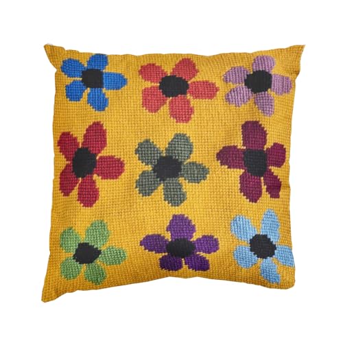 Kit de bordado sobre cañamazo para punto de cruz o petit point. Cañamazo impreso de 40cm x 40 cm para realizar un cojín. Incluye tela, lana y aguja de tapicería. Diseño Primavera.