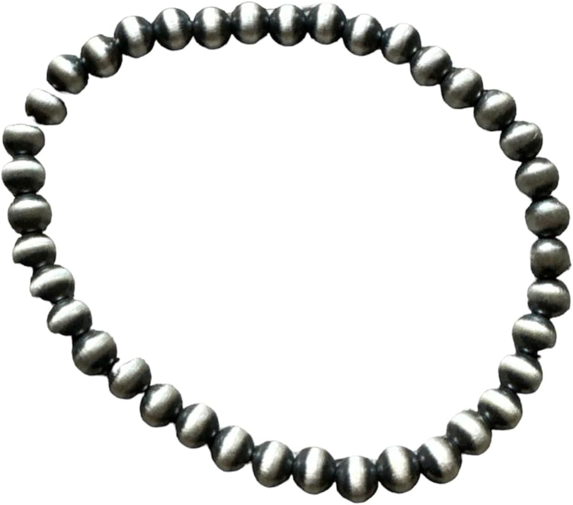 Genuine Southwestern 925 Sterling Silver Stretchy Elastic Pearls Bead Bracelet. 4mm, 5mm, 6mm, 7mm, 8mm, 10mm, 12mm, 14mm, 16mm