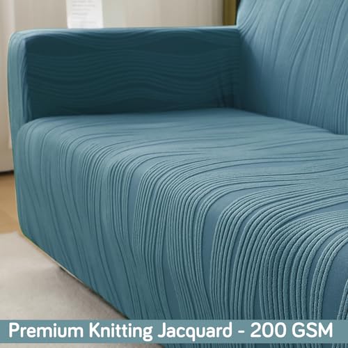 Image of HOKIPO Knitting Jacquard Fully Covered Stretchable Sofa Cover 3 Seater and 2 Seater, Sea Blue (AR-5308-BL + AR-5309-BL)