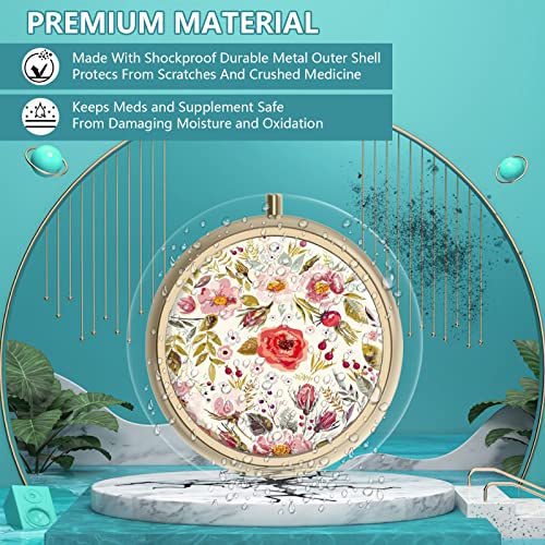 Image of Pill Case Pill Box with Mirror Retro 3 Compartment Small Pill Case for Purse or Pocket Bronze Small Roud Pill Box or Vitamins, Fish Oil, Supplements, Pill Containe Travel Gifts(Retro Red Flowers)