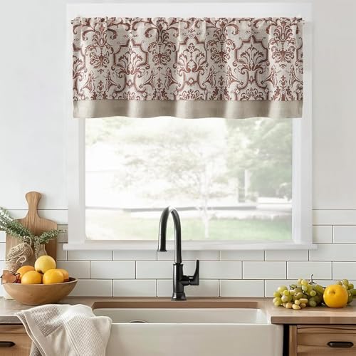 TOPICK Linen Valance Rideau de Cuisine Double Couche Motif Floral Court pour fenêtre, Salon, Ferme, Cuisine Style Naturel 125 x 45 cm (l x H) Terre Cuite