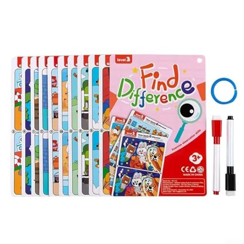 Colorido Encuentra Diferencias Tarjetas de Entrenamiento Herramienta Educativa Reutilizable para el Aprendizaje de Niños (Dificultad 3)