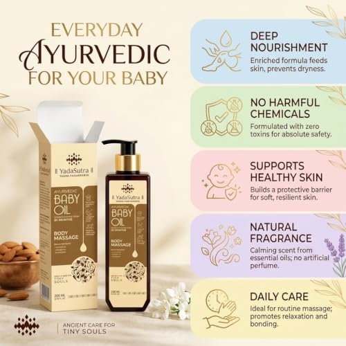 Image of Ayurvedic Baby Massage Oil 200ml | Natural Newborn Body Oil with Sandalwood, Badam & Manjishta | Daily Baby Skin Care | Soft, Moisturising & Nourishing Pack of 3